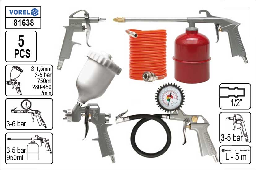 Набор окрасочного инструмента VOREL 81638 рапид, 5 предметов: краскопульт с верхним бачком, пистолет для накачки шин, продувочный