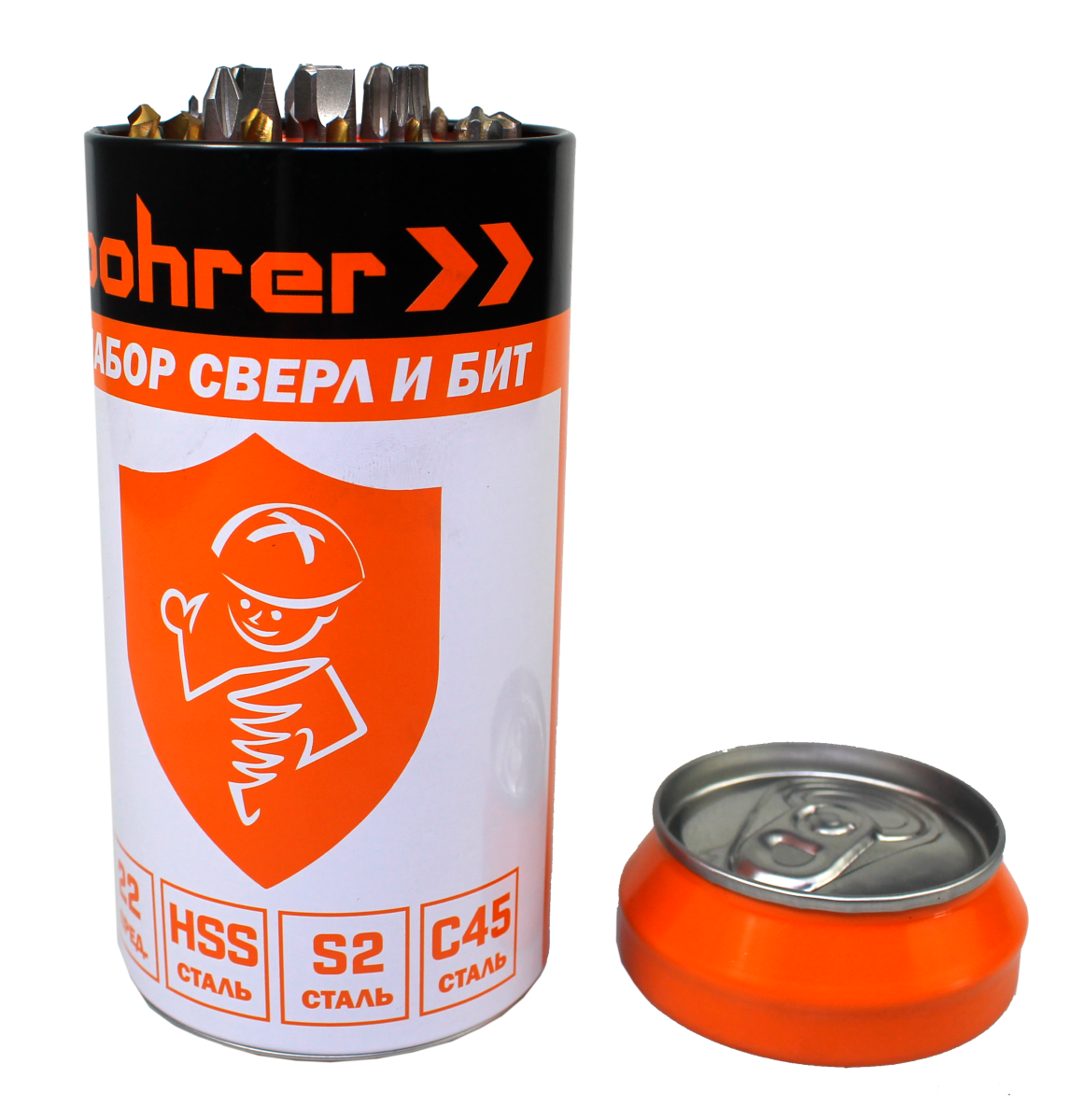 Набор Bohrer в виде пивной банки: биты S2 (8шт + адаптер),сверла (по металл 5шт;бетон 4шт;дерево 4шт)(22 предмета) 