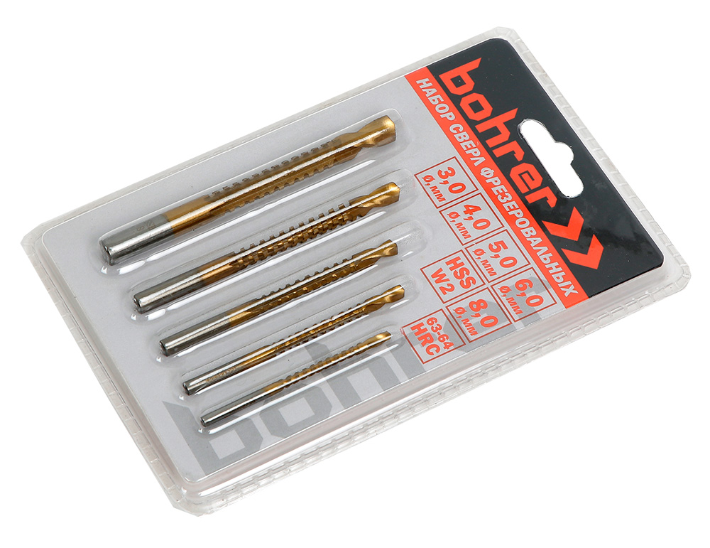Сверла Bohrer фрезеровальные в наборе: 3,0/4,0/5,0/6,0/8, мм (сталь W2 TiN) (5 шт в блистере)