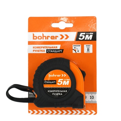 Рулетка Bohrer измерительная  Стандарт  5м х 19мм, с фиксатором, обрезиненный ударопрочный корпус